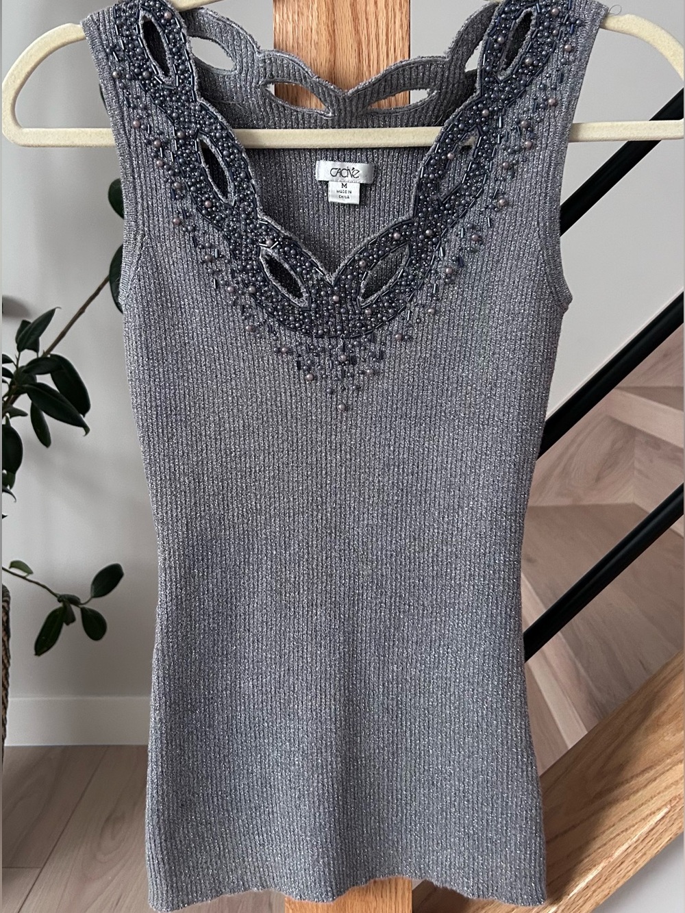 Vintage Cache Silver Beaded V-Neck Knit Top Sleeveless